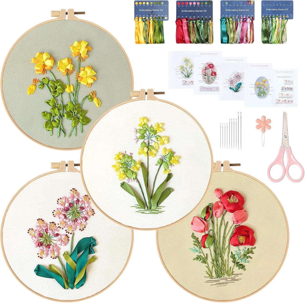 4-Set Ribbon Flower Embroidery Kit for Beginners – Stamped Cross Stitch DIY Starter Kit with Floral Patterns, Hoops, Threads, and Colorful Ribbon Flowers
